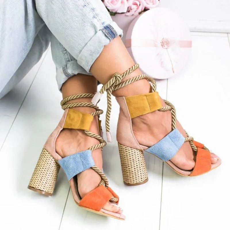 Casual Suede High Heel Lace Up Sandals