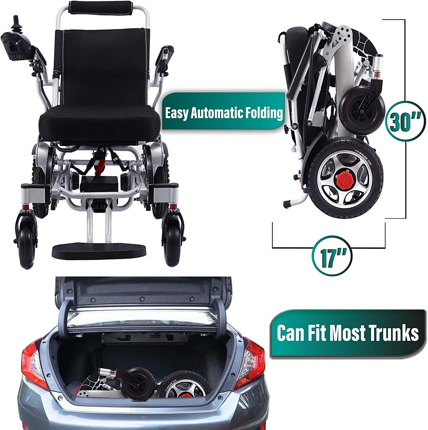 Electric Wheelchair  Automatic Folding Power Portable Lightweigh Wheelchair for Adults (Silver Frame)