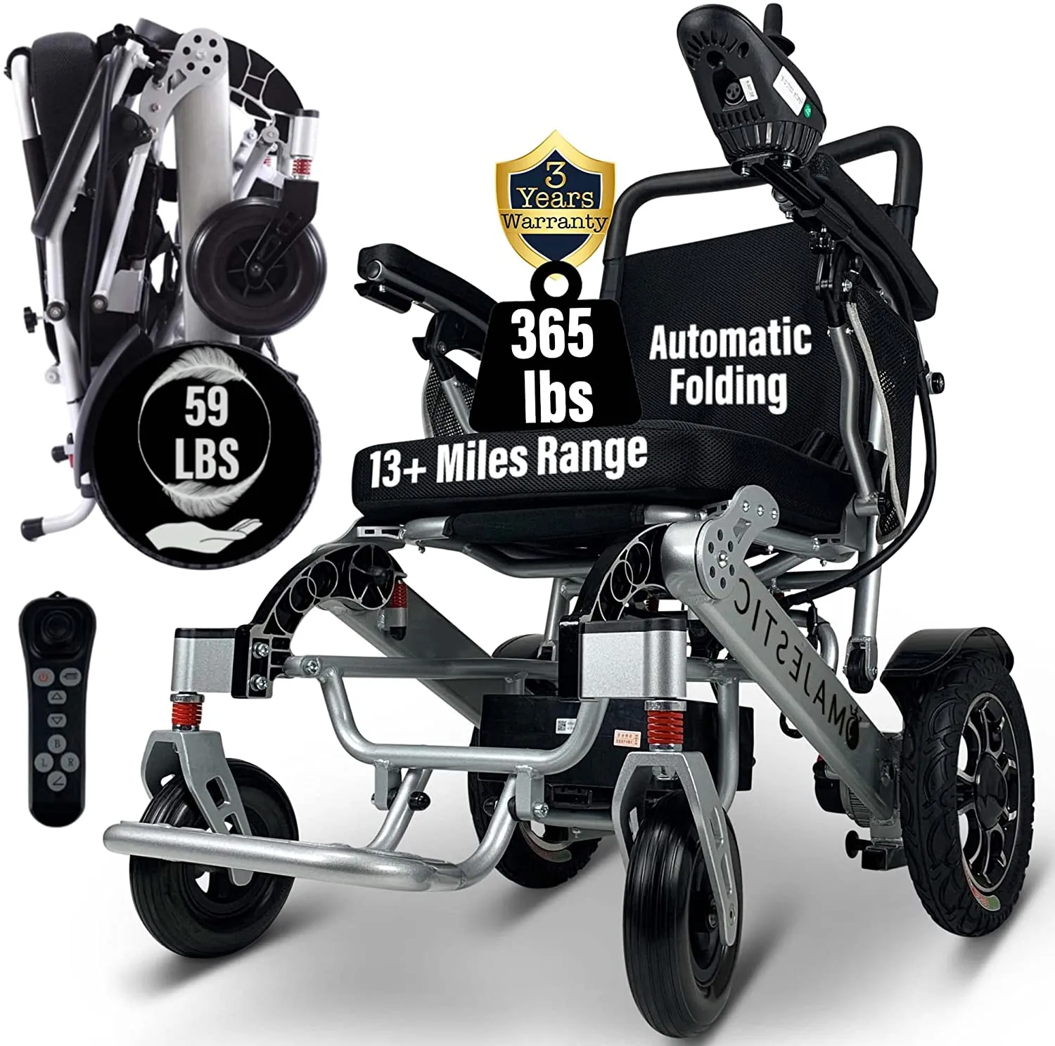 Electric Wheelchair  Automatic Folding Power Portable Lightweigh Wheelchair for Adults (Silver Frame)