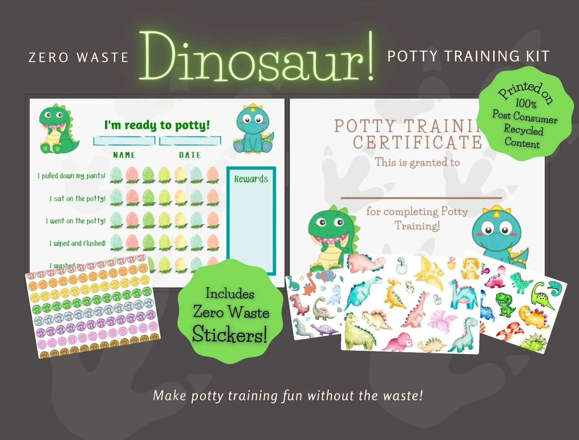 Green Distributors LLC - Dinosaur Potty Training Kit with Zero Waste Stickers