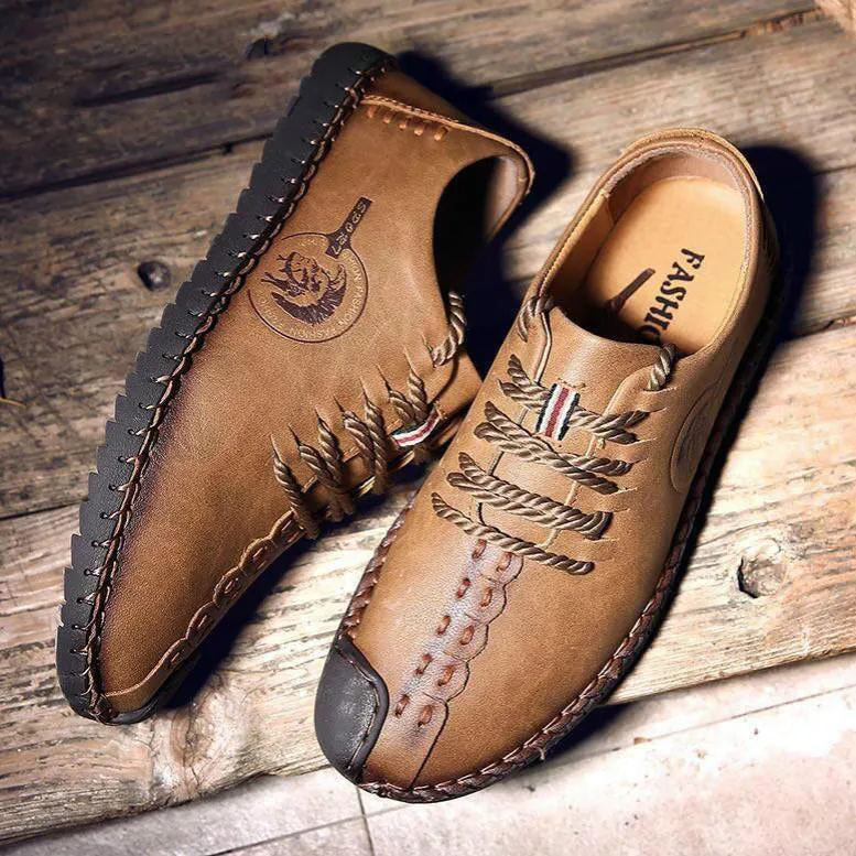 Men British Style Retro Stiching Soft Sole Lace Up Flat Cap-toe Shoes
