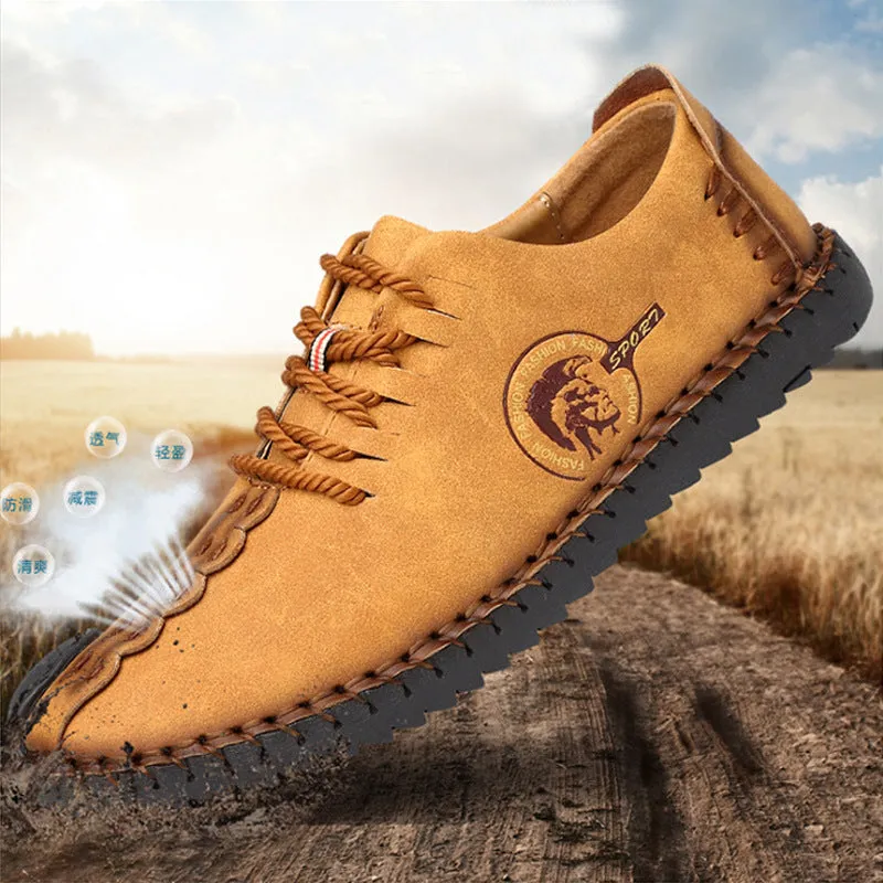 Men British Style Retro Stiching Soft Sole Lace Up Flat Cap-toe Shoes