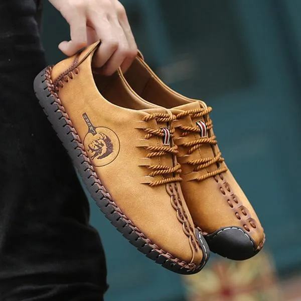 Men British Style Retro Stiching Soft Sole Lace Up Flat Cap-toe Shoes