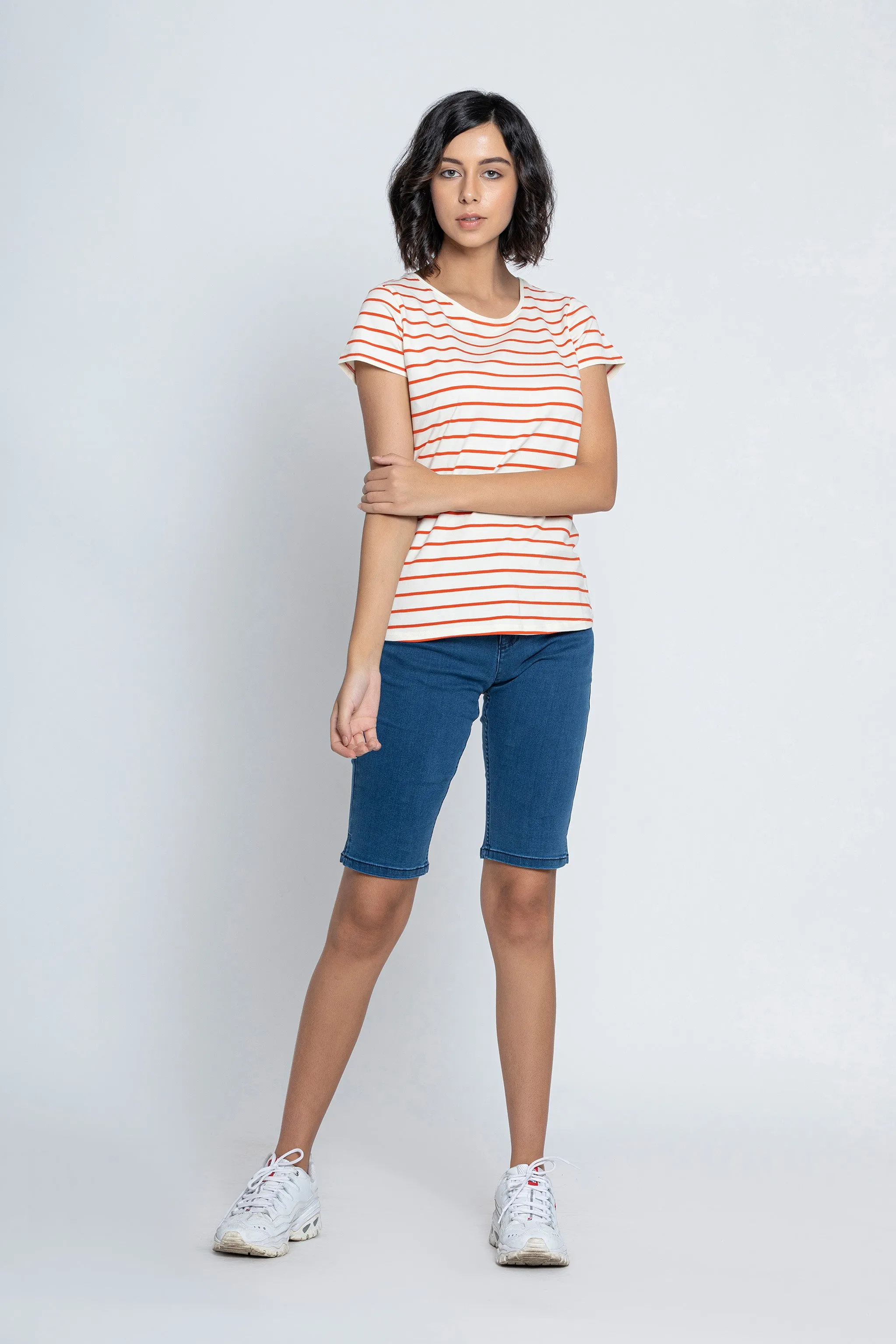 White with Red Stripes Short Sleeves T-Shirt