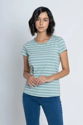 White with Sea Green Stripes Short Sleeves T-Shirt