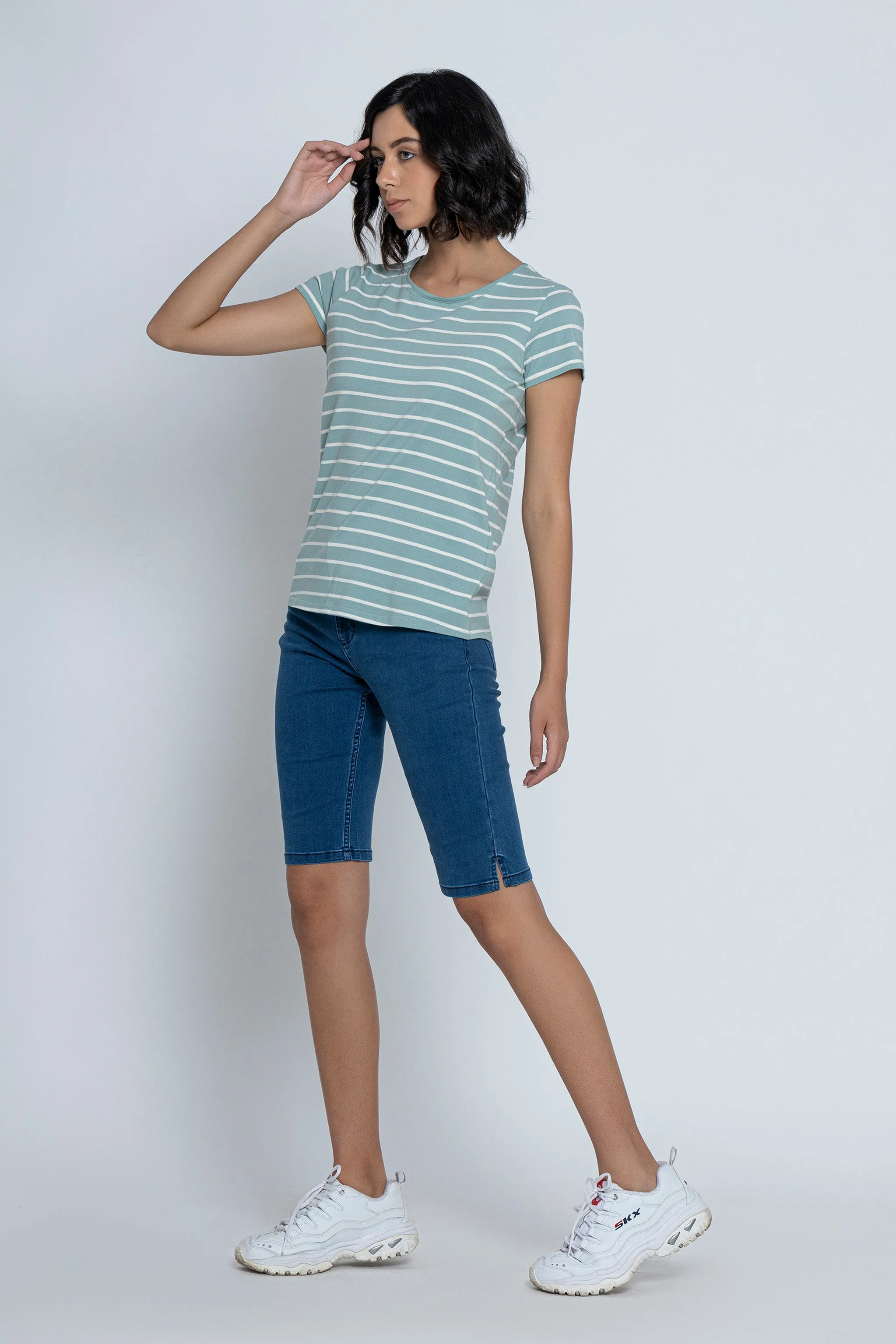 White with Sea Green Stripes Short Sleeves T-Shirt